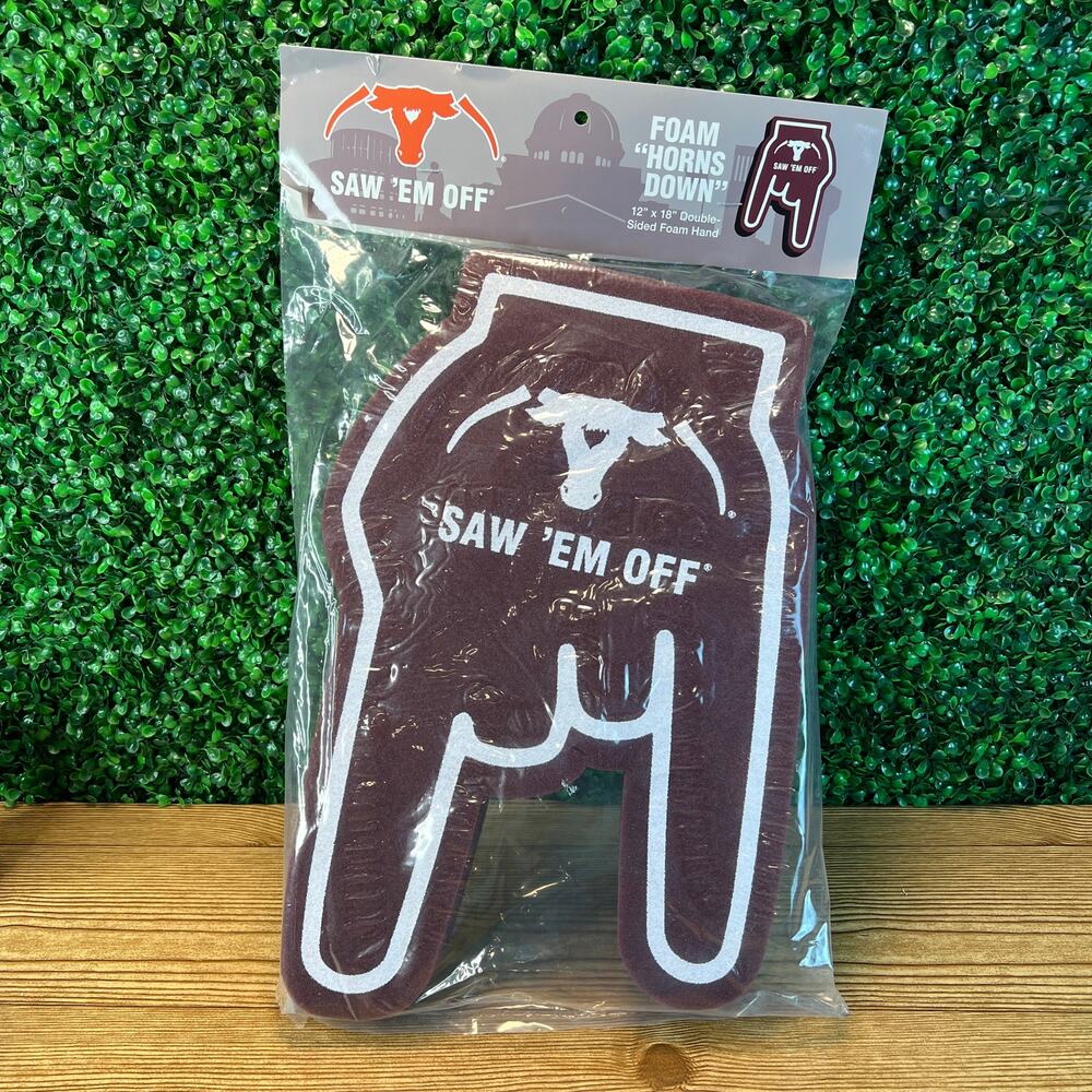 New Texas A & M Saw 'EM Off Foam "Horns Down" Novelty Double Sided Hand Fooball